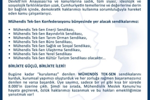 MÜHENDİS TEK-SEN SENDİKALARI HAKKINDA DUYURU.